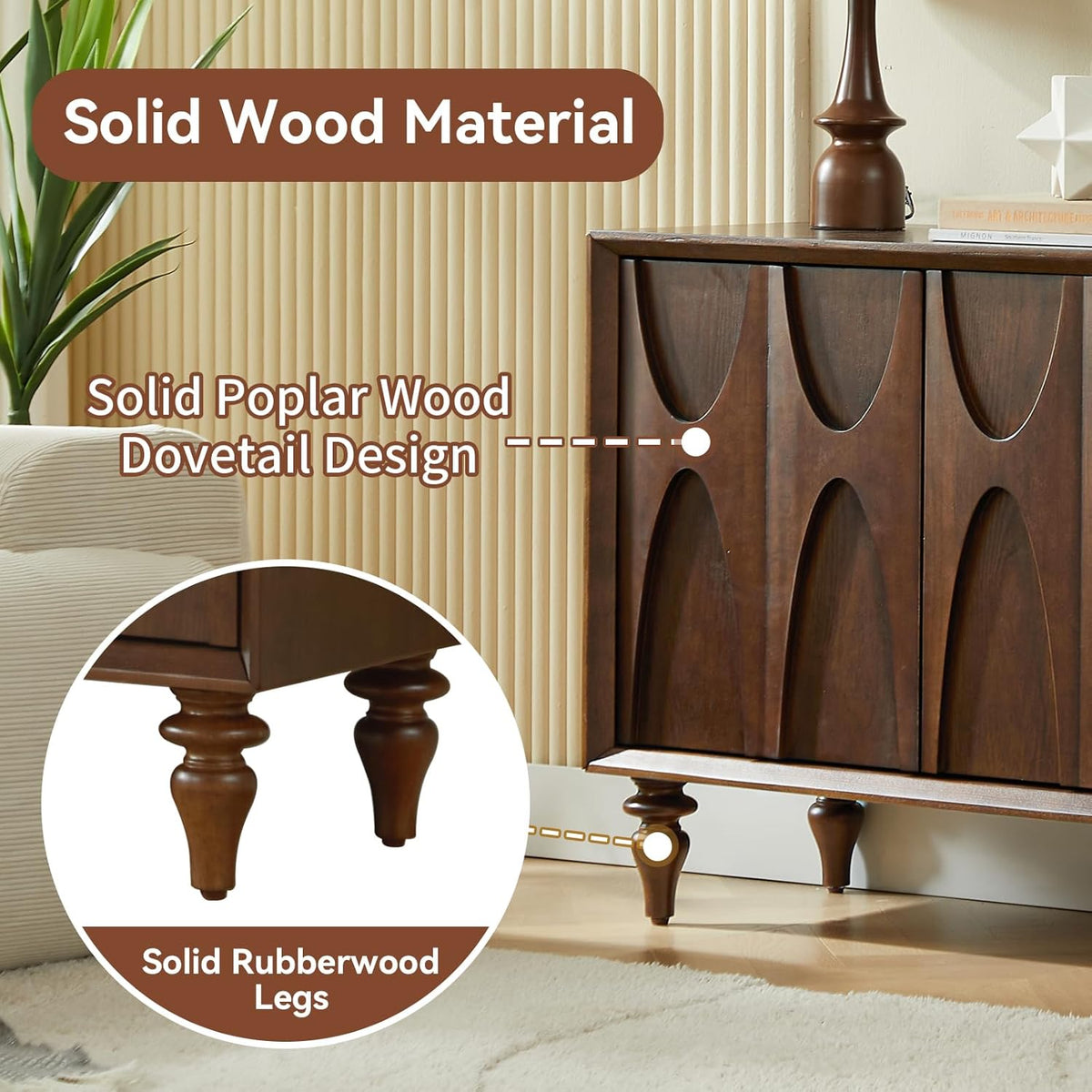 LKTART 62.99" Sideboard Buffet Cabinet with Storage, Solid Wood Kitchen Storage Cabinet Credenza Accent Console Table with Solid Wood Roman Legs Dovetail Door Trim Panel Ash Veneer,Walnut