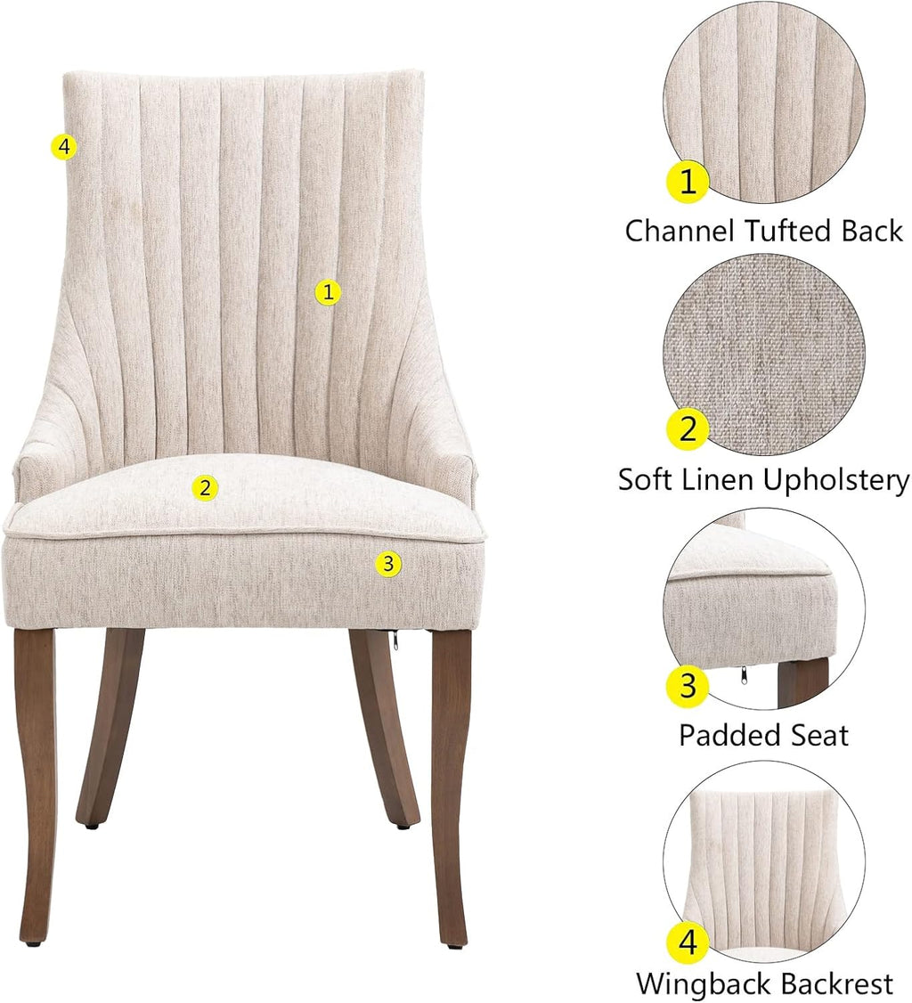 mikibama Linen Beige Dining Chairs Set of 6 Channel Tufted Kitchen Dinner Chair Comfy Fabric Upholstered Accent Chair for Dining Room with Solid Wood Legs