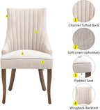 mikibama Linen Beige Dining Chairs Set of 6 Channel Tufted Kitchen Dinner Chair Comfy Fabric Upholstered Accent Chair for Dining Room with Solid Wood Legs