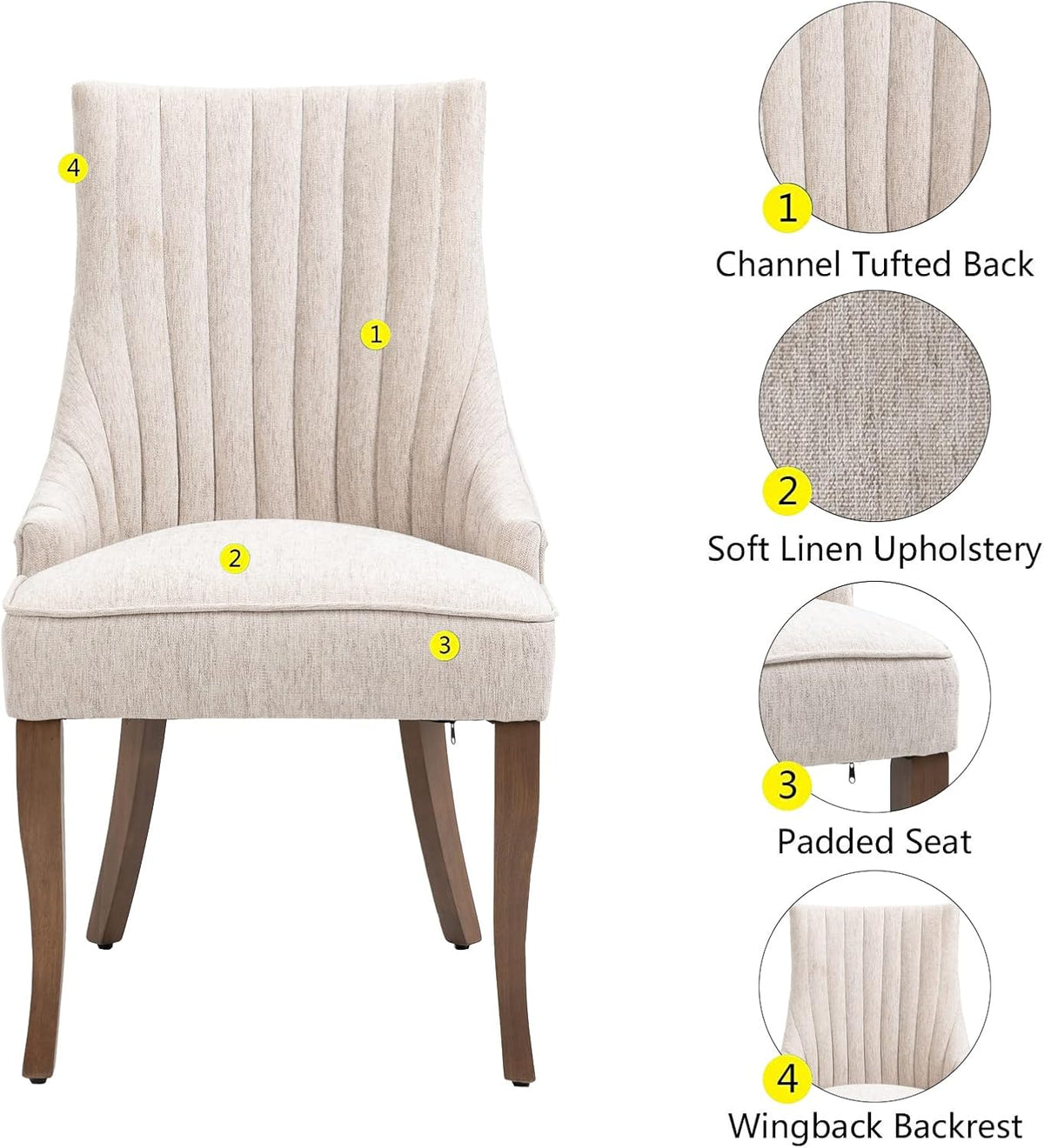 mikibama Linen Beige Dining Chairs Set of 6 Channel Tufted Kitchen Dinner Chair Comfy Fabric Upholstered Accent Chair for Dining Room with Solid Wood Legs