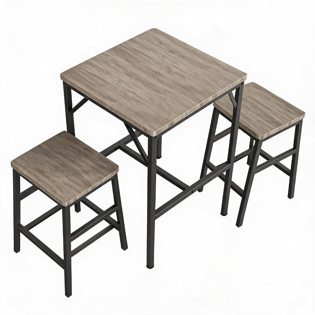 3-Piece Bar Table and Chairs Set for 2, Grey | Industrial Square Pub Table with 2 Stools, Space-Saving Dining Set for Kitchen, Breakfast Nook & Small Spaces