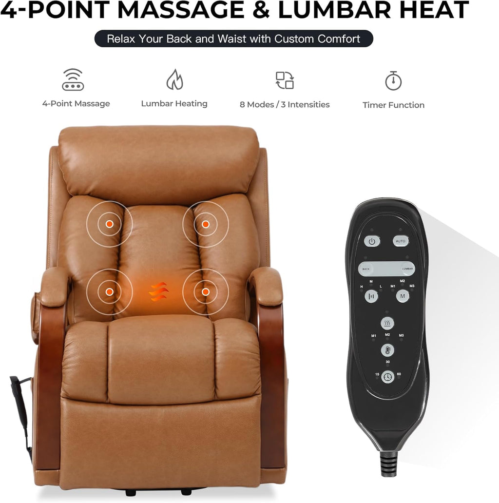 DYNOX Small Lift Chair Recliner with Heat and Massage, Dual Motor Power Lift Sofa for Elderly,Infinite Adjust for Back and Footrest,Side Pocket(9185,Genuine Leather,Camel