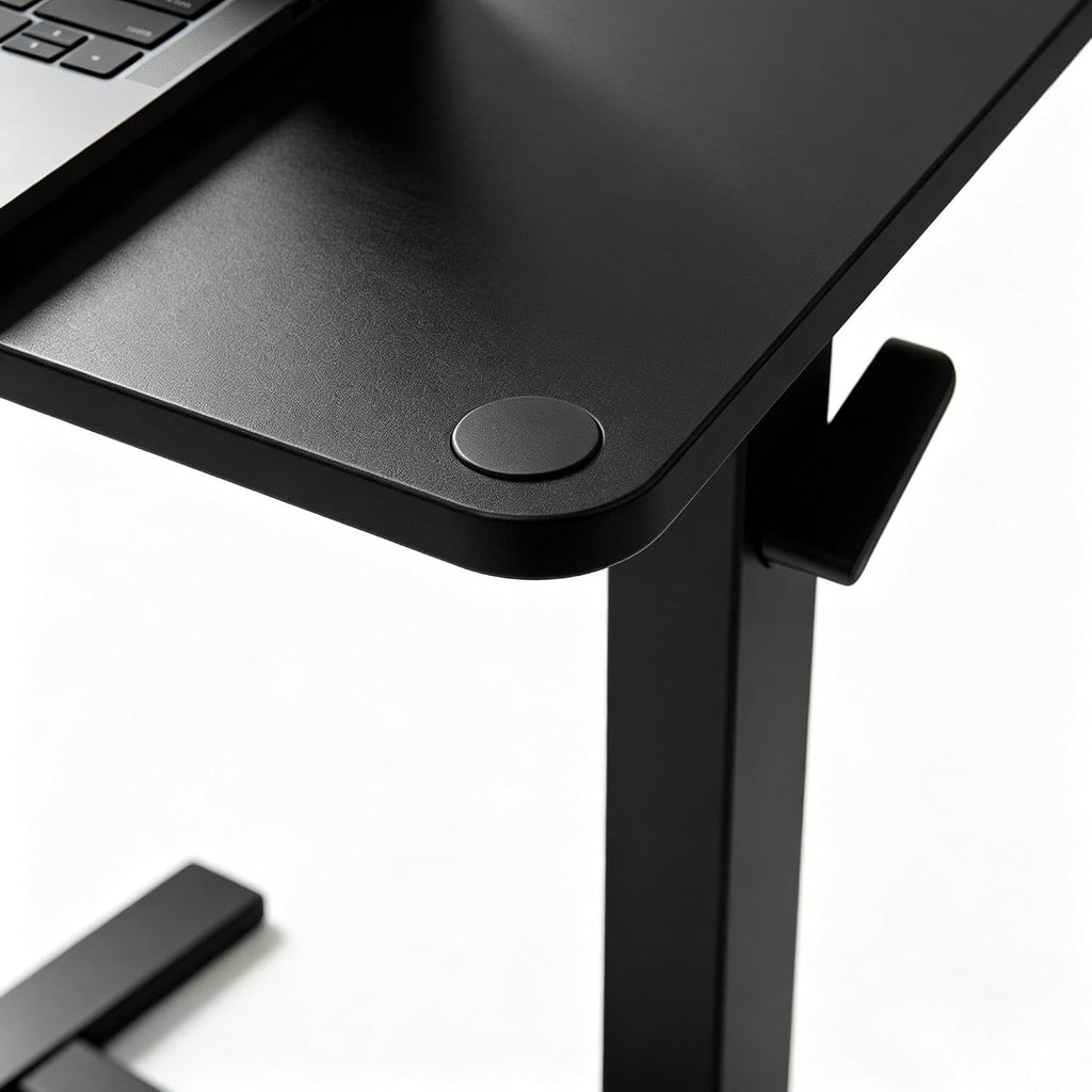 Adjustable Overbed Table with Gas Spring Tilting Desktop, Pneumatic Height Adjustment, H-Base Frame and Hidden Swivel Casters(Dual-sideflip-Black)