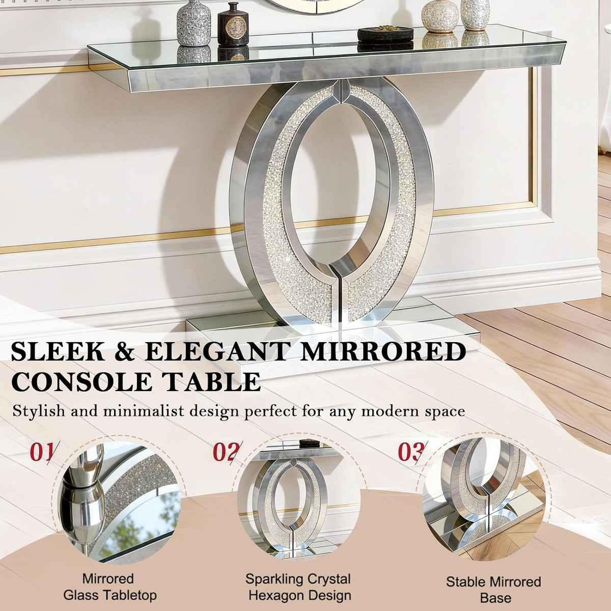 2 Piece Mirrored Console Table & Oval Wall Mirror Set, 39.5" Silver Entryway Sofa Table with Crystal-Inlaid Olive-Shape Base and Crush Diamond Round Wall Mirror Set for Entryway Hallway Entrance