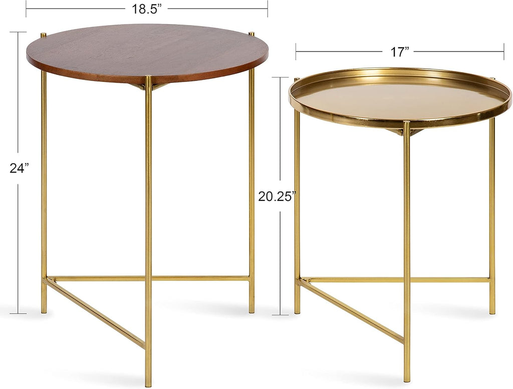 Kate and Laurel Ulani Modern Nesting Side Table, Set of 2, Walnut Brown Wood and Gold Metal, Glamorous End Tables for Storage and Display