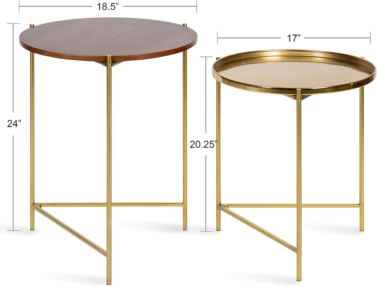 Kate and Laurel Ulani Modern Nesting Side Table, Set of 2, Walnut Brown Wood and Gold Metal, Glamorous End Tables for Storage and Display