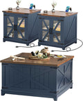 Joaxswe Farmhouse Coffee Table Set 3, End Table and Coffee Table | Blue 24'' Side Table with Charger and Coffee Table with Hidden Storage Organizer, Center Table Set for Living Room,Office