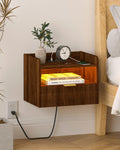 Veegle Floating Nightstand with Charging Station and LED Lights (Walnut Brown)