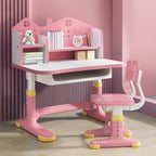 Honrane Kids Study Desk and Chair Set, Height Adjustable Kids School Desk, Cartoon Learning Desks, Kids Desk with Storage, Children Study Table with Storage, Castle Backboard, Bookshelf (Pink), Large