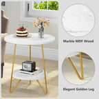 Tribesigns 2 Tier Round Side Table, Faux Marble End Table with Shelf, Small Gold Accent Nightstand for Living Room, Bedroom or Couch Side, White and Gold