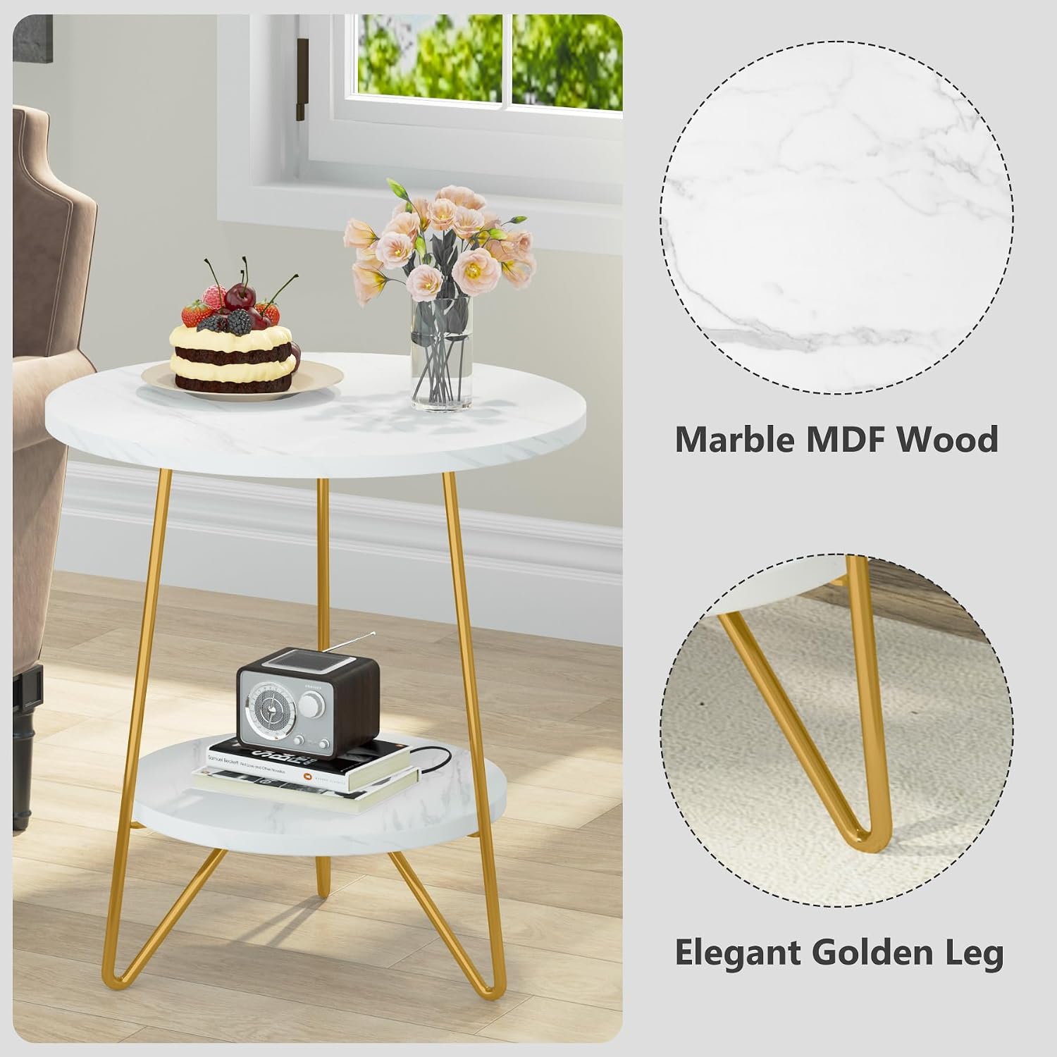 Tribesigns 2 Tier Round Side Table, Faux Marble End Table with Shelf, Small Gold Accent Nightstand for Living Room, Bedroom or Couch Side, White and Gold