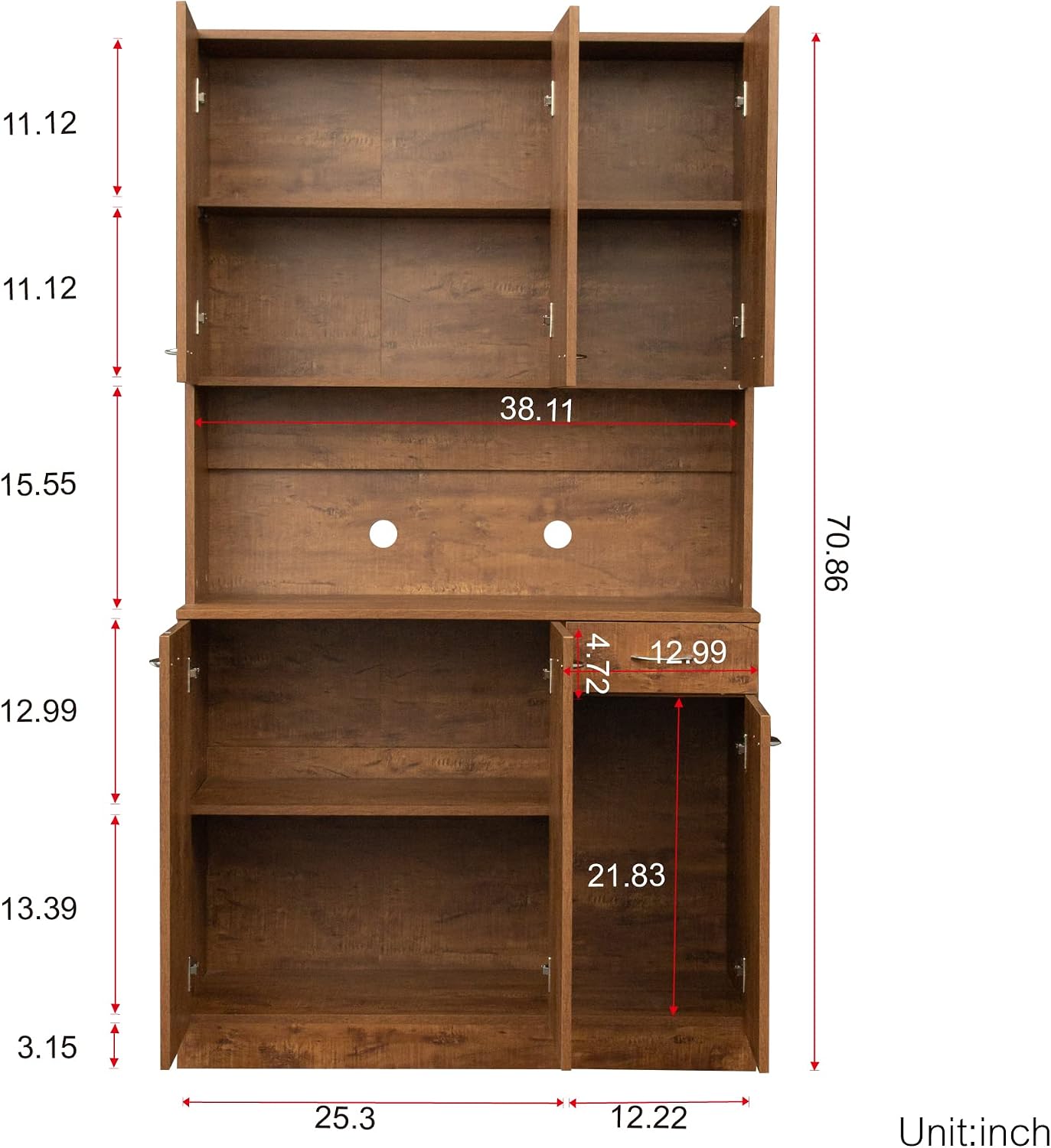 LUMISOL Pantry Sideboard, Solid Wood Kitchen Pantry Storage Cabinet, 70.87” Tall Sideboard with 6 Doors, 1 Open Shelves and 1 Drawers for Living Room, Kitchen, Dining Room, Brown