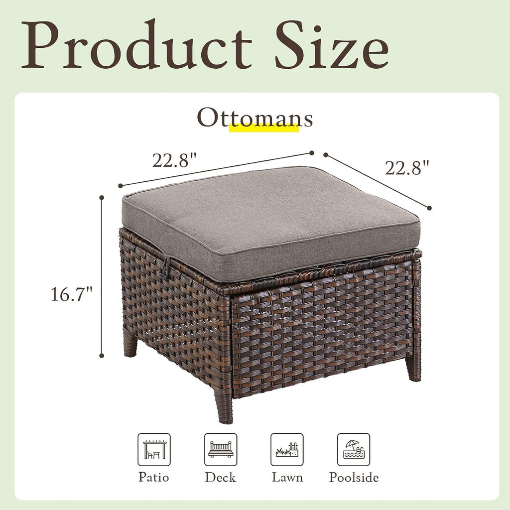 Patio Wicker Ottomans Set of 2, All Weather Outdoor Rattan Ottoman Seat, 2 Pieces Outdoor Patio Ottomans, Outdoor Footstool Footrest Seat, Brown Wicker Grey Cushions