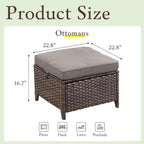 Patio Wicker Ottomans Set of 2, All Weather Outdoor Rattan Ottoman Seat, 2 Pieces Outdoor Patio Ottomans, Outdoor Footstool Footrest Seat, Brown Wicker Grey Cushions