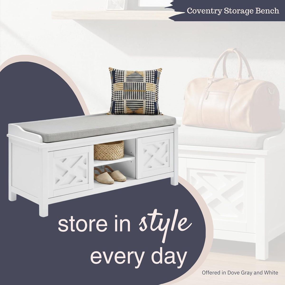 Coventry Modern Entryway Bench with Cushion – 45-Inch Storage Bench with 3 Cubbies, Adjustable Shelves & Decorative Side Panels for Mudroom or Hallway Seating by Alaterre Furniture (White)