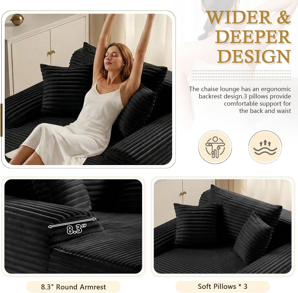 ODUWA 65" Oversized Chaise Lounge Chair Indoor, Cloud Couch Chair with Wide Armrest 3 Pillows, Comfy Cozy Sofa Bed Couches for Living Room No Assembly Require, Black