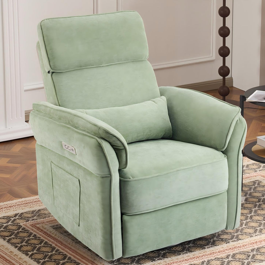 Power Recliner Rocking Chair with Adjustable Arms and Headrest,Green Fabric | Swivel electric glider,nursing chair glider for nursery, storage bags and USB port included, FSC certified