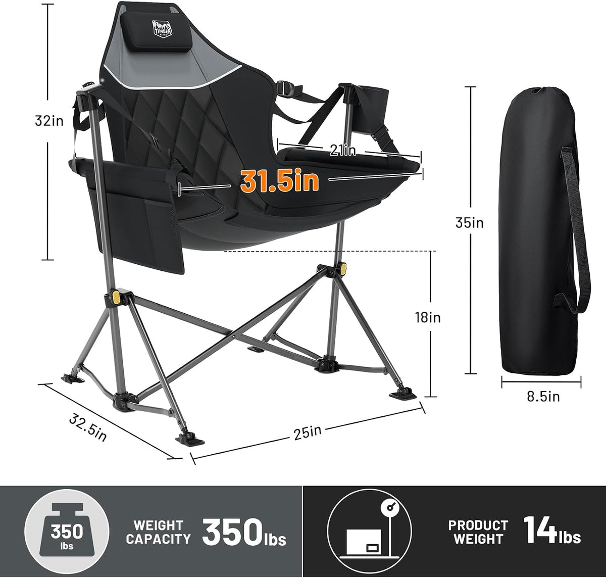 TIMBER RIDGE Hammock Camping Chair, Portable Oversized Swinging Camp Chairs | Heavy Duty Folding Hammock Chair with Adjustable Backrest, Foldable Chair for Camping, Beach and Patio, 300lbs Load, Black