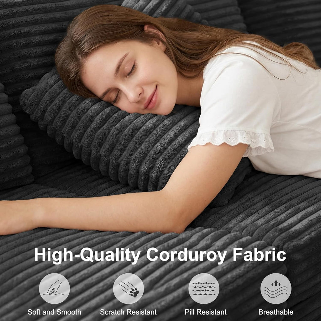 107'' Modular Sectional Sofa, Deep Seat Couch with Storage | Oversized High-Back for Living Room & RV | With Ottoman | High Density Foam & Corduroy | Tool-Free Assembly | Cozy Dark Gray