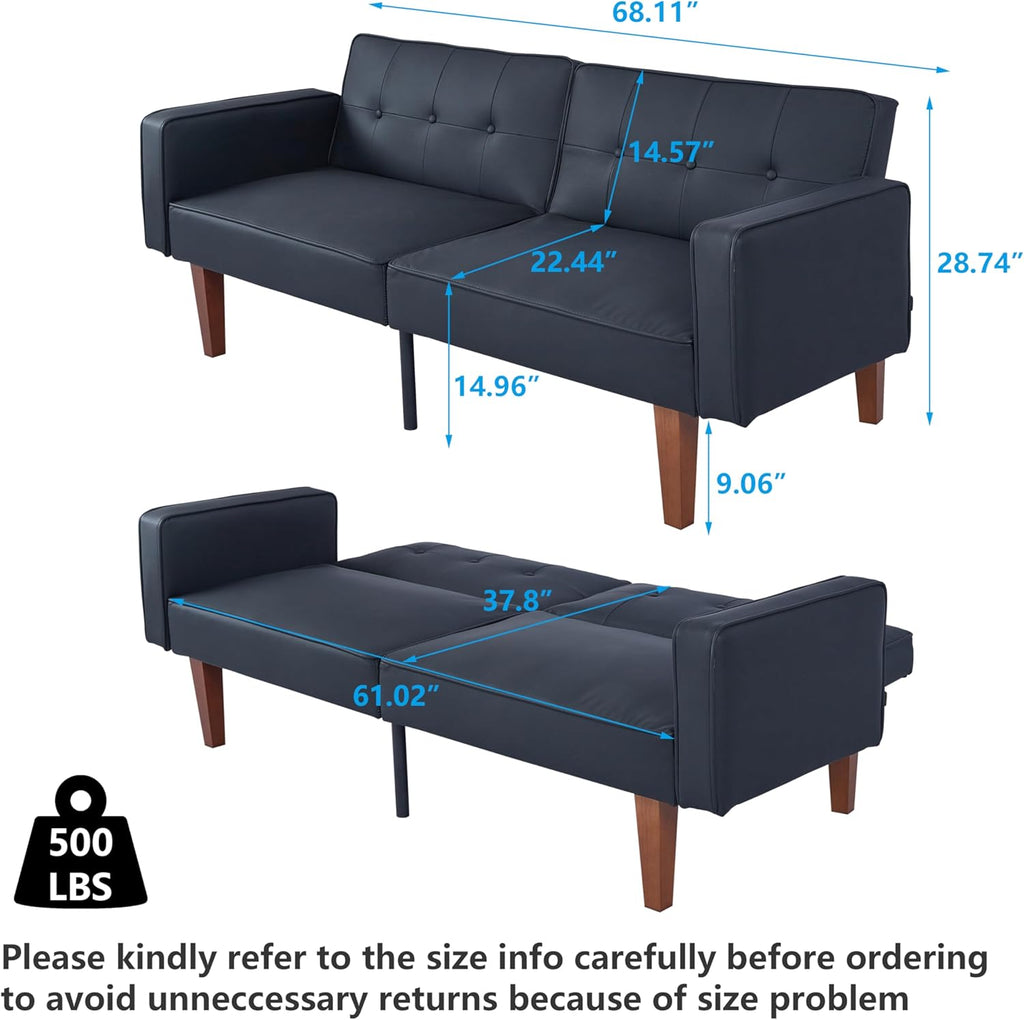 mikibama Convertible Futon Sofa Bed with Split Back,Mid Century Modern Sleeper Couch Beds,68.11" Futons for Living Room RV,Tufted Small Love Seat for 2 People Small Spaces (Black, 68.11")