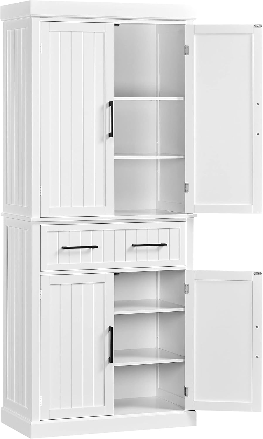 Topeakmart 72.5" H Freestanding 4-Door Kitchen Storage Cabinet,Black | Microwave Oven Stand Pantry Cabinet with S Hooks and Hutch,Freestanding Kitchen Shelves Spice Rack