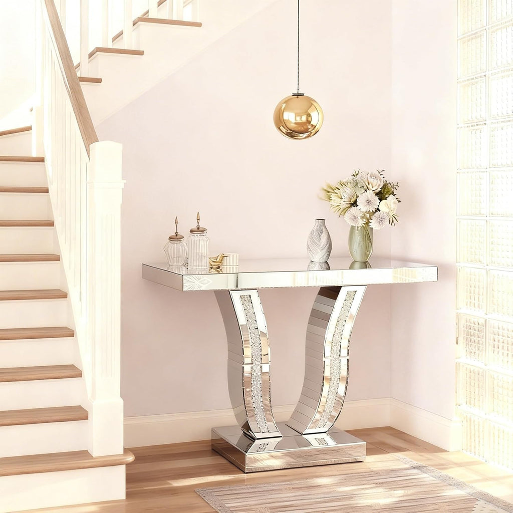 43.3'' Mirrored Console Table Silver Mirrored Entryway Sofa Table for Living Room Office, Curved Design Crystal Accent, Modern Entryway Console Desk for Hallway Entrance, 43''x12'' Glass Top