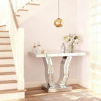 43.3'' Mirrored Console Table Silver Mirrored Entryway Sofa Table for Living Room Office, Curved Design Crystal Accent, Modern Entryway Console Desk for Hallway Entrance, 43''x12'' Glass Top