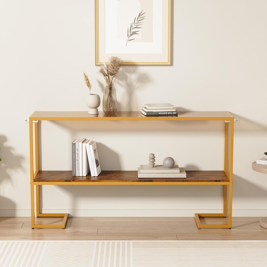 Furnify Console Sofa Table, 52" Modern Entryway Table, 2-Tier Open Shelf with Tempered Glass, Gold Metal Frame Behind Couch Table for Living Room Bedroom Hallway Entrance, Brown