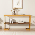 Furnify Console Sofa Table, 52" Modern Entryway Table, 2-Tier Open Shelf with Tempered Glass, Gold Metal Frame Behind Couch Table for Living Room Bedroom Hallway Entrance, Brown