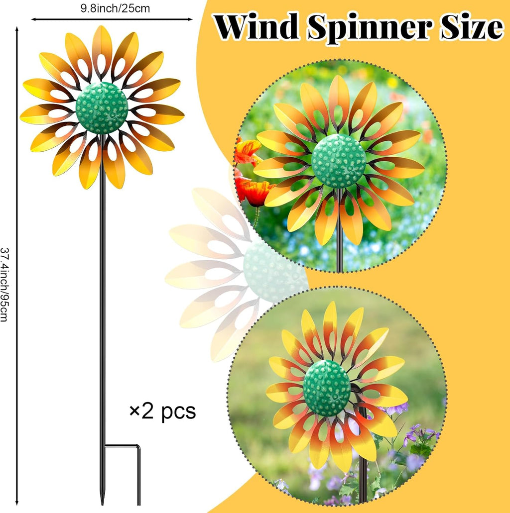 2pcs Sunflower Wind Spinner Outdoor, Freestanding Kinetic Wind Sculpture with Stake, Metal Windmill for Outside Garden Lawn Yard Art Decorations Yellow
