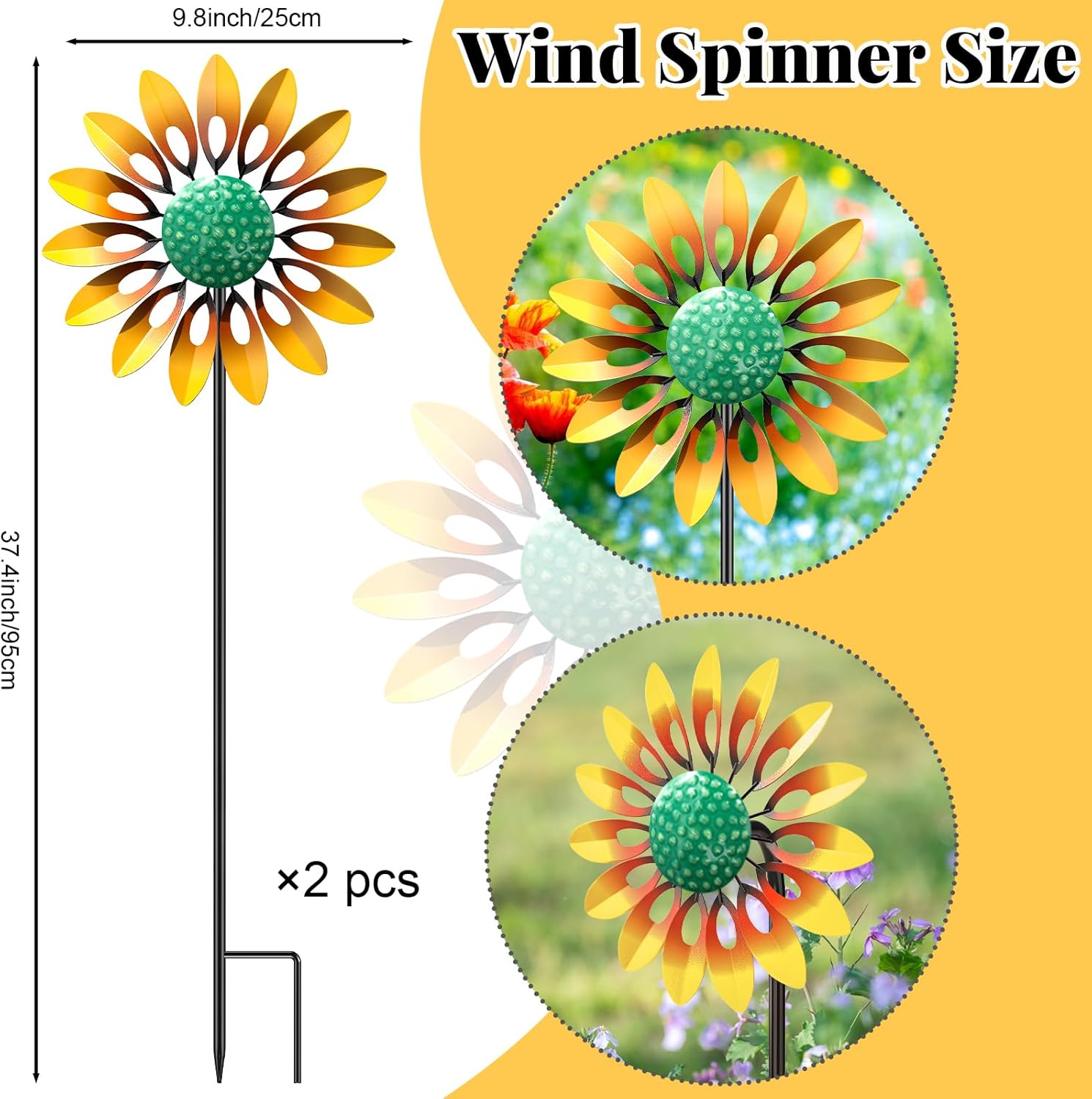 2pcs Sunflower Wind Spinner Outdoor, Freestanding Kinetic Wind Sculpture with Stake, Metal Windmill for Outside Garden Lawn Yard Art Decorations Yellow