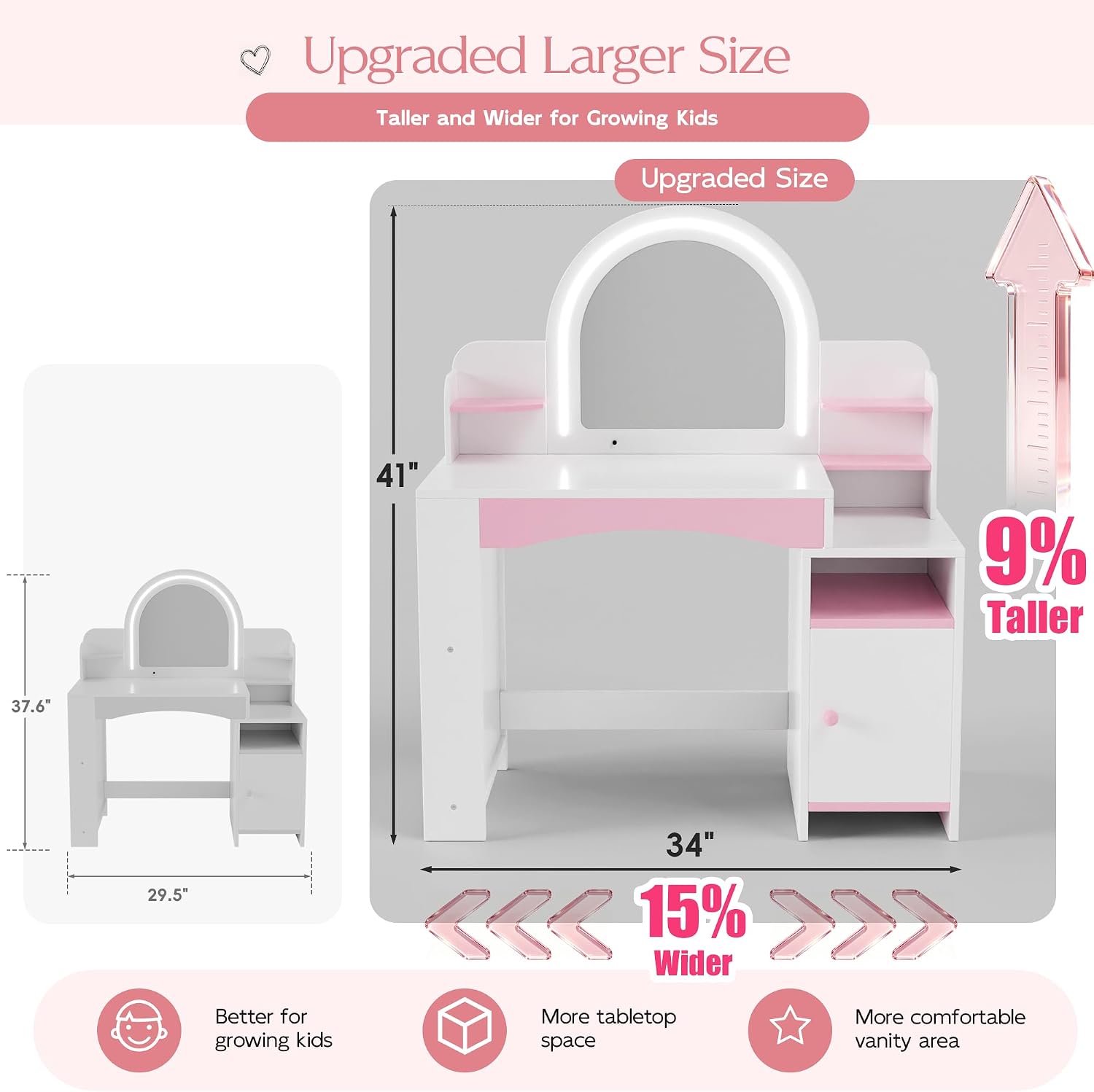 MU Kids Vanity with Lights, Girls Vanity Table and Chair Set with Lighted Mirror, Storage Cabinet, Bookshelf & Shelves, Toddler Makeup Vanity Set for Little Girls, White