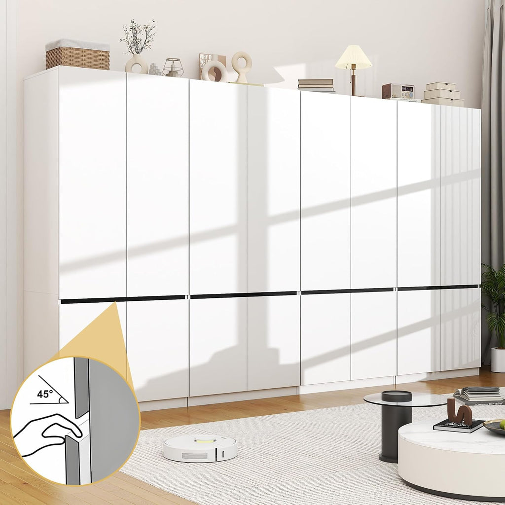White Armoire Wardrobe Closet: 74" Wooden Wardrobe Closet with 8 Doors, Bedroom Armoires with Hanging Rod, Tall Closets Cabinet for Hanging Clothes (126")