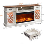 OKD Farmhouse TV Stand with Fireplace, 70'' Entertainment Center Stand with 36" 3-Sided Glass Electric Fireplace for TVs Up to 80 in, with 2 Drawers & 2 Storage Cabinet for Living Room, Antique White | with Fireplace