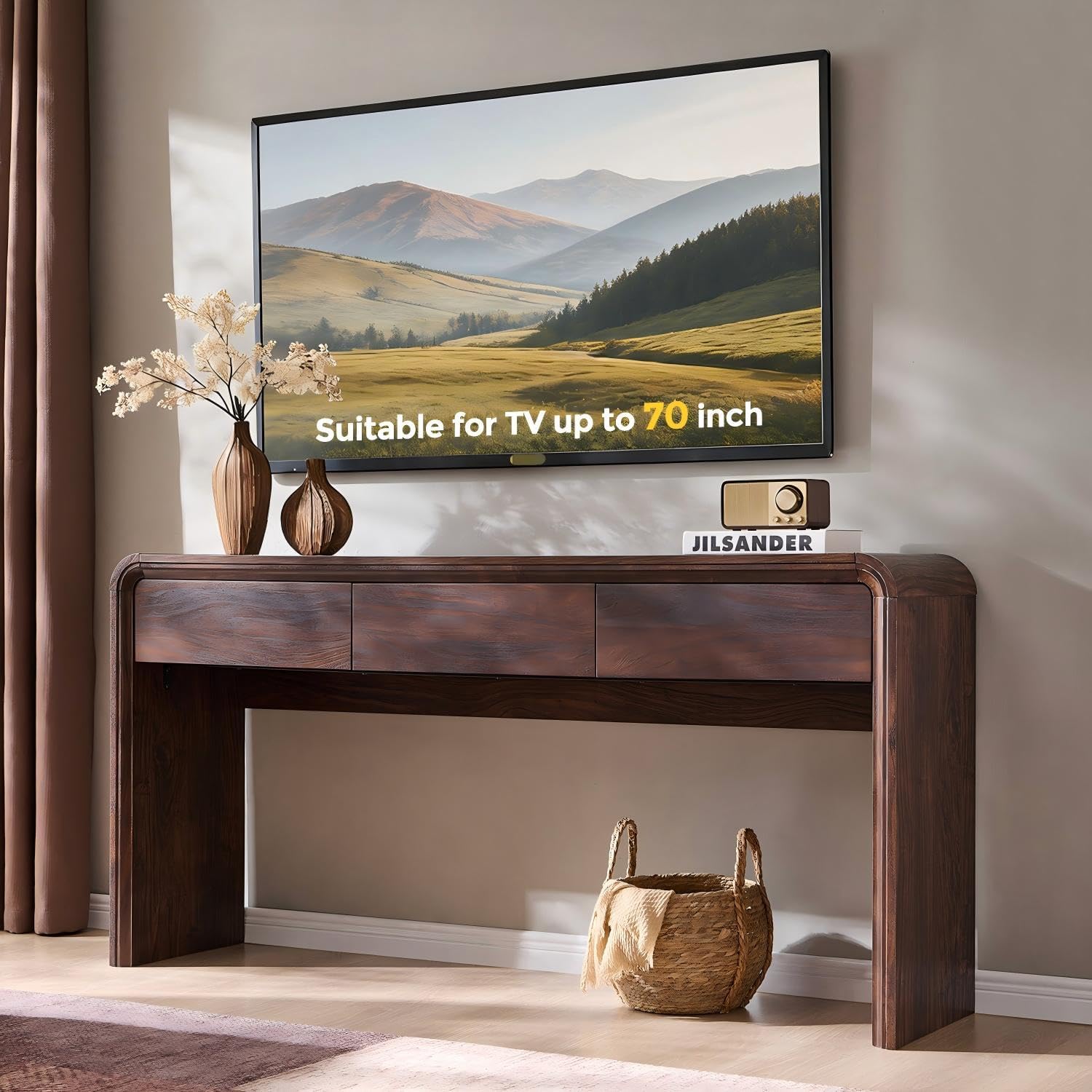 63" Console Table with 3 Drawers, Wood Entryway Table with Storage, Brown | Modern Behind Couch Table with Curved Profile Design, Narrow Long Sofa Table Behind Couch for Living Room, Hallway, Foyer