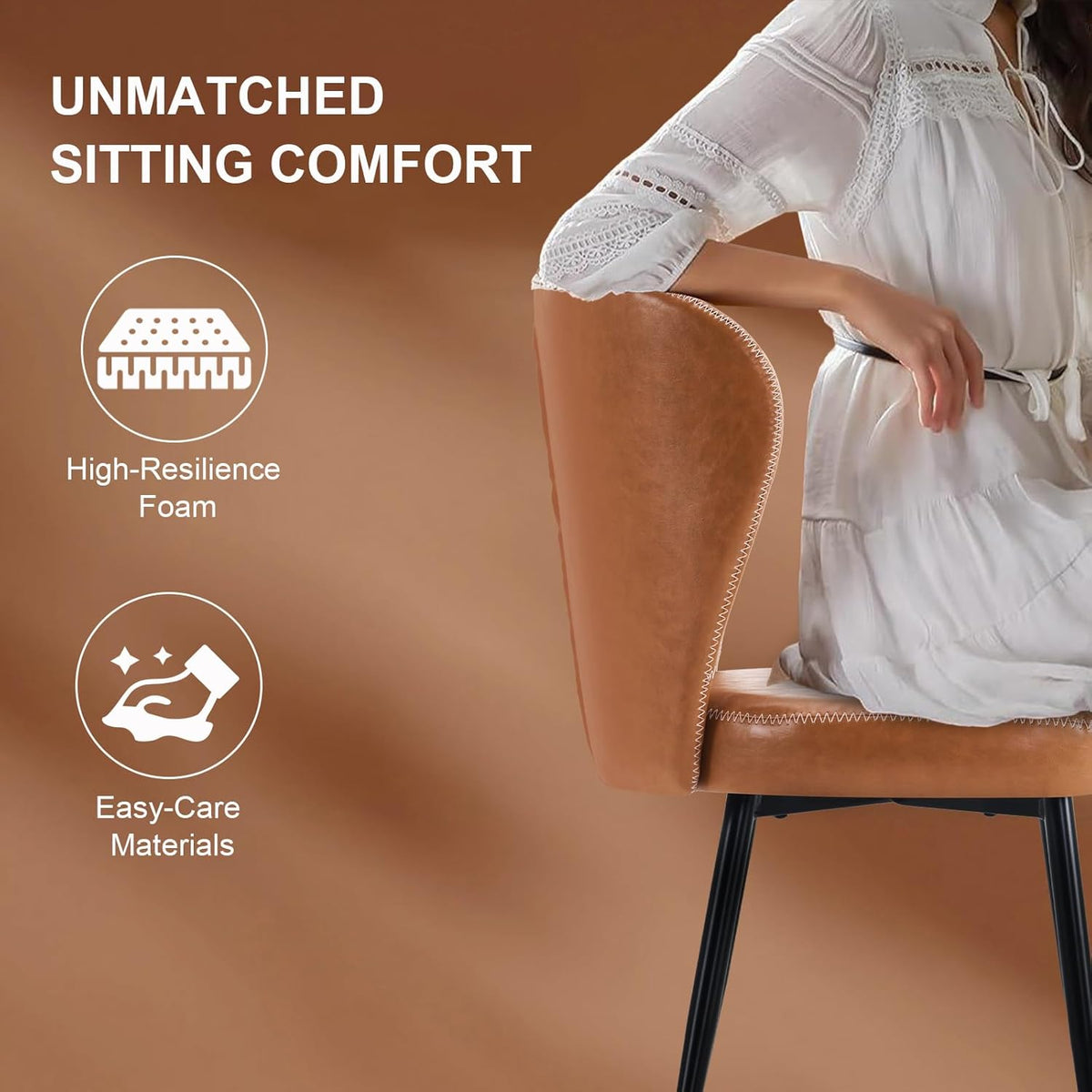 Dining Chairs Set of 2, Upholstered Synthetic Leather Kitchen Chairs, Mid-Century Modern Dining Room Chairs with Thick Cushion, Stitching Backrest and Metal Legs, Brown