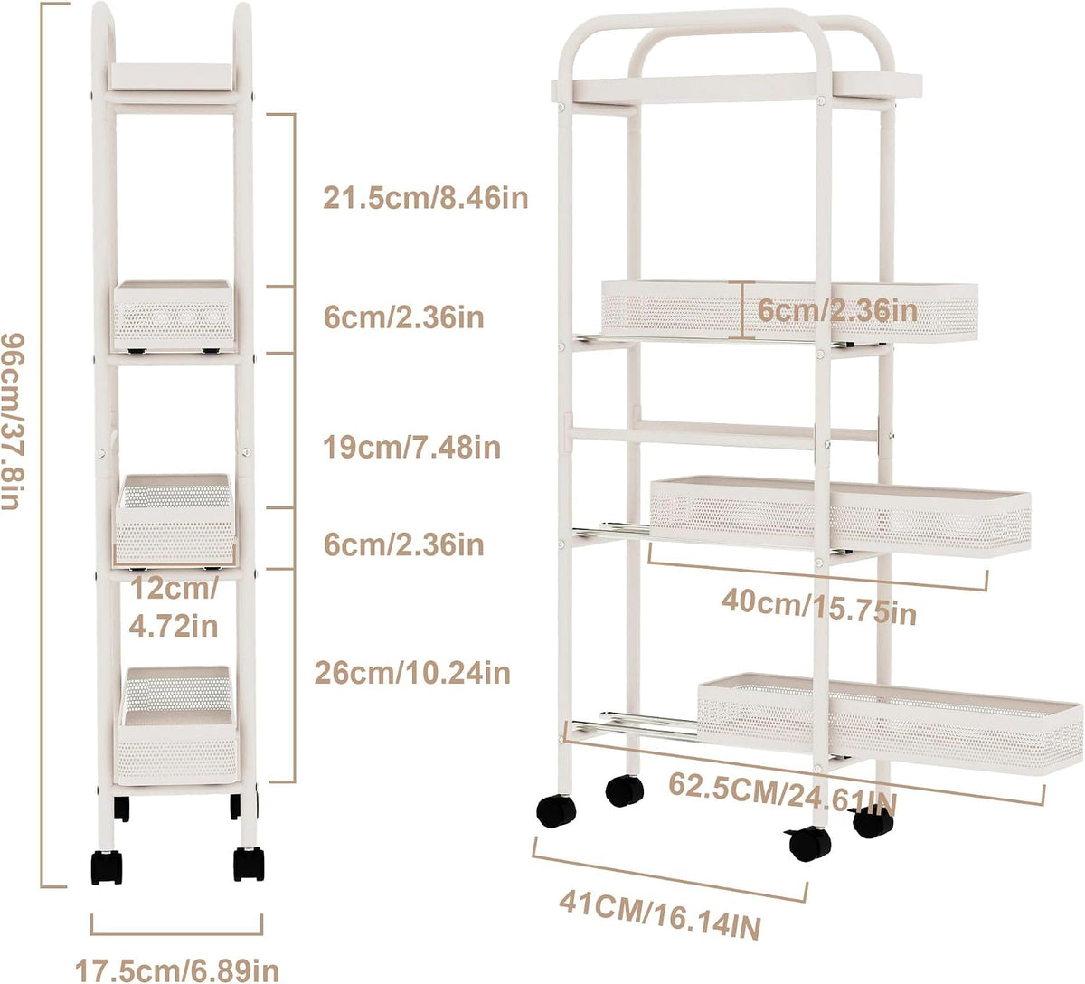 UMDONX 4-Tier Narrow Mobile Storage Cart with Pull-Out Baskets | The Multifunctional Pull-out Storage Rack Is Suitable for Bathrooms, Kitchens, and Laundry Rooms