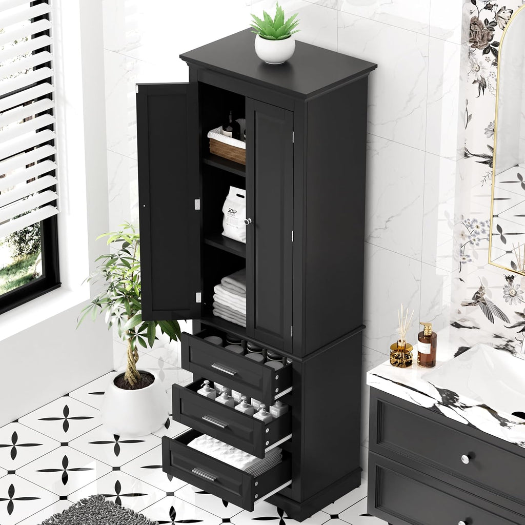 Merax 70" Pantry Cabinet with Two Doors & Three Drawer, Adjustable Shelves Storage Cupboard for Kitchen/Dining Room/Bathroom, Black