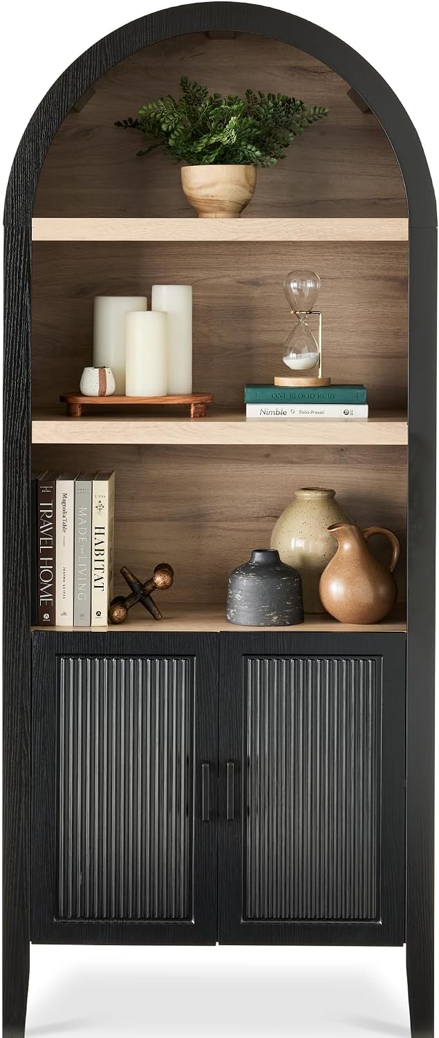 Best Choice Products 72" Tall Arched Pantry Cabinet w/Reeded Doors, 5-Tier Bookshelf, Armoire, Hutch, Bookcase, Storage Cabinet w/Adjustable Shelves, for Dining Room and Livingroom - Black Oak