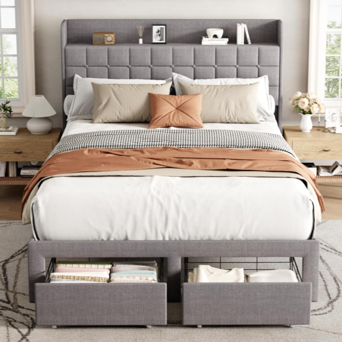 OLIXIS Queen Size Bed Frame, Upholstered Platform Bed Frame with Headboard