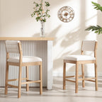 BESTANO 26” Counter Height Bar Stools Set of 2 Linen Upholstered Kitchen Island Stools with Back Mid Century Rectangle Wood Barstools Countertop Bar Chairs, Beige