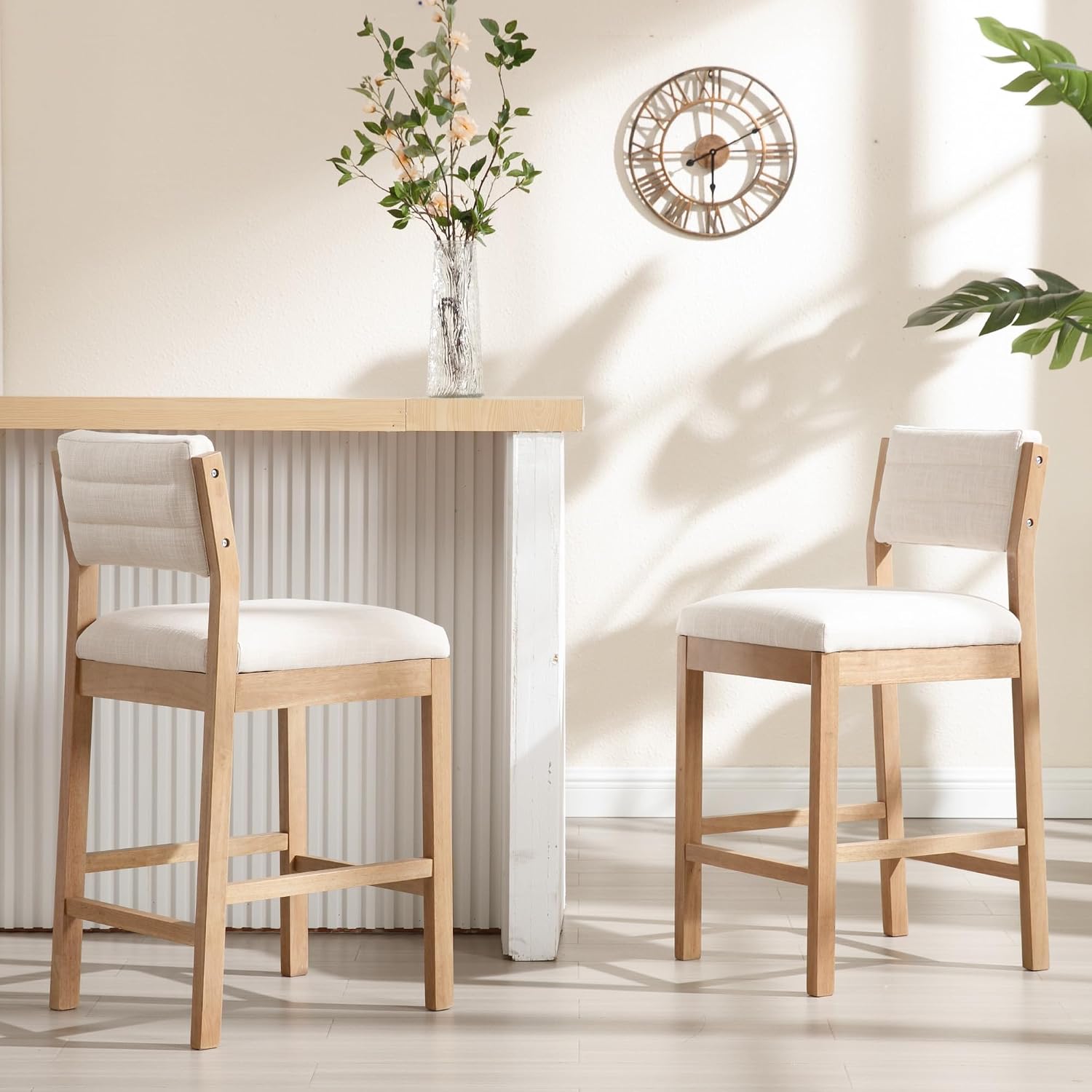 BESTANO 26” Counter Height Bar Stools Set of 2 Linen Upholstered Kitchen Island Stools with Back Mid Century Rectangle Wood Barstools Countertop Bar Chairs, Beige