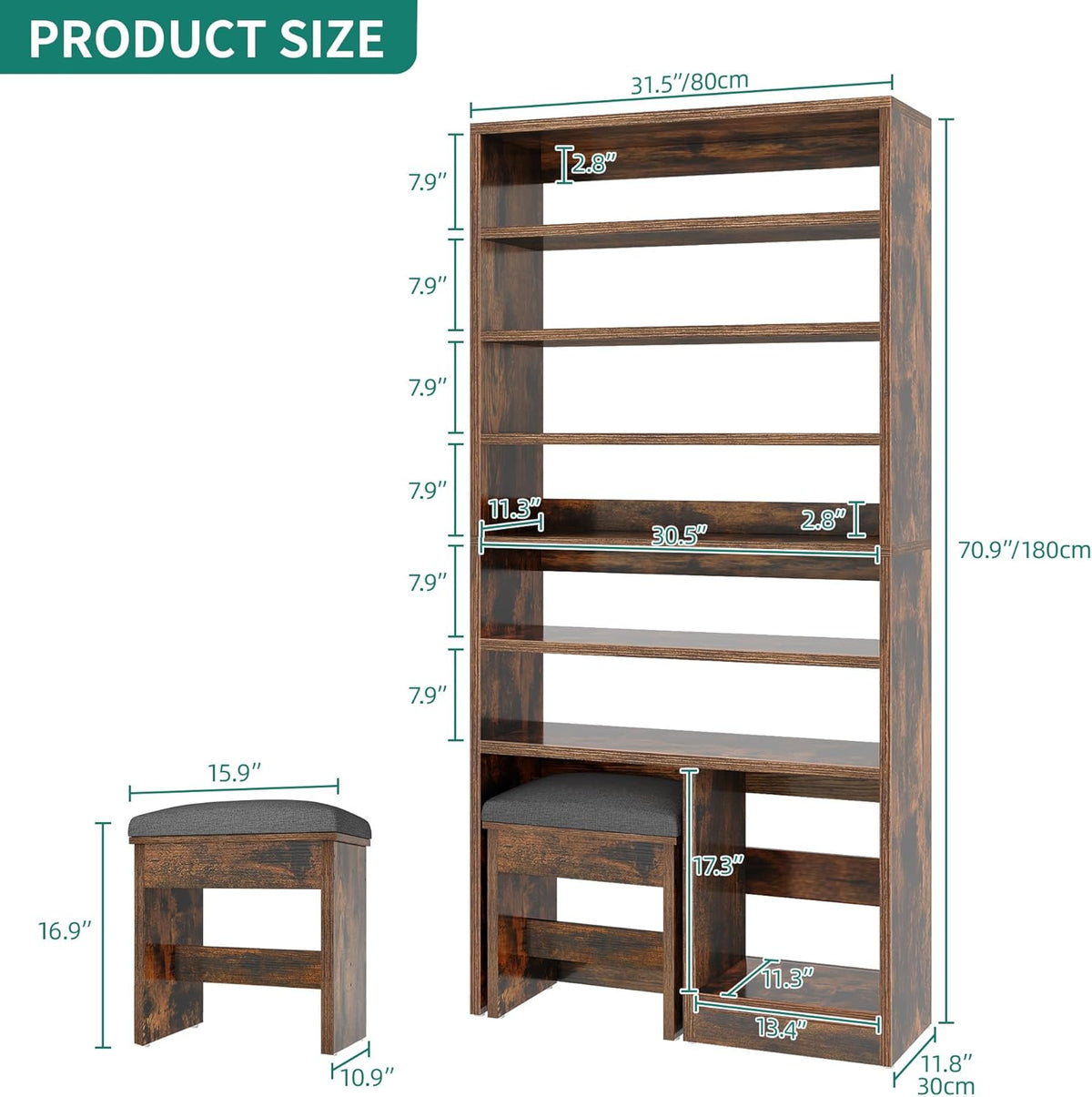 DWVO Shoe Cabinet with Hidden Bench, 8 Tiers Free Standing Shoe Racks, 70.9'' Tall Shoe Cabinet with Open Storage & High Boots Cubby for Entryway, Living Room, Rustic Brown