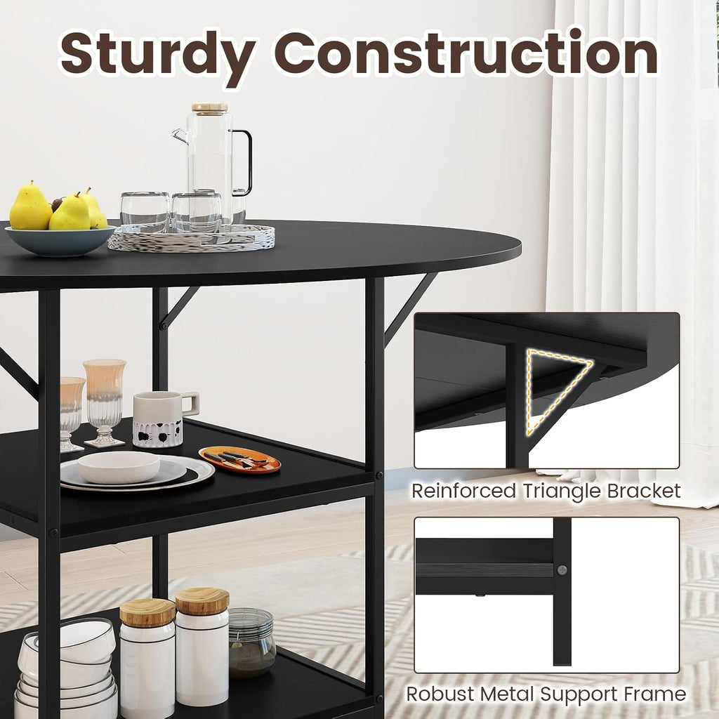 GOFLAME Round Dining Table for 4-6 People, 47” Kitchen Table with 2-Tier Storage Shelves and Heavy-Duty Metal Frame, Industrial Dinner Table for Kitchen, Dining Room, Apartment, Black