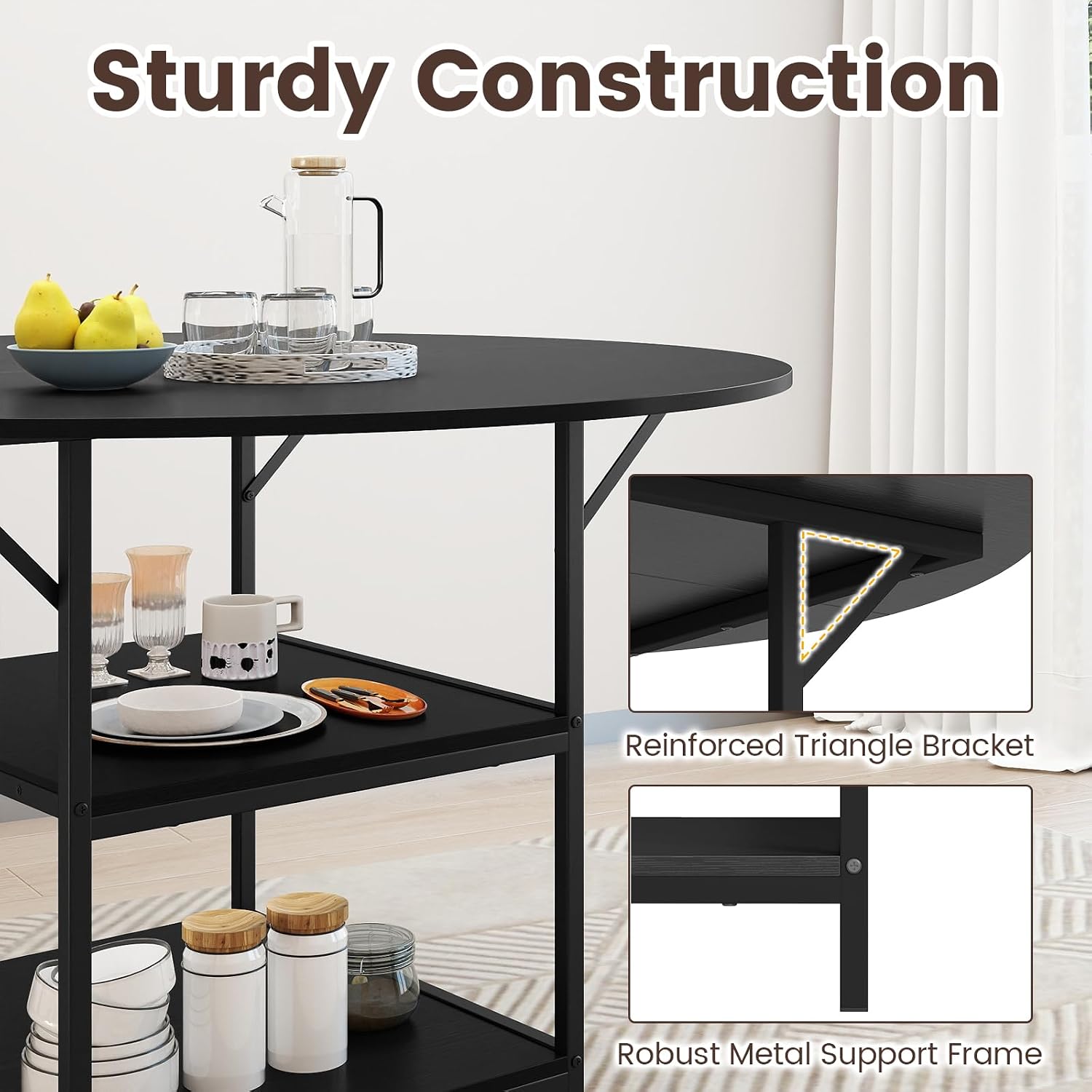 GOFLAME Round Dining Table for 4-6 People, 47” Kitchen Table with 2-Tier Storage Shelves and Heavy-Duty Metal Frame, Industrial Dinner Table for Kitchen, Dining Room, Apartment, Black