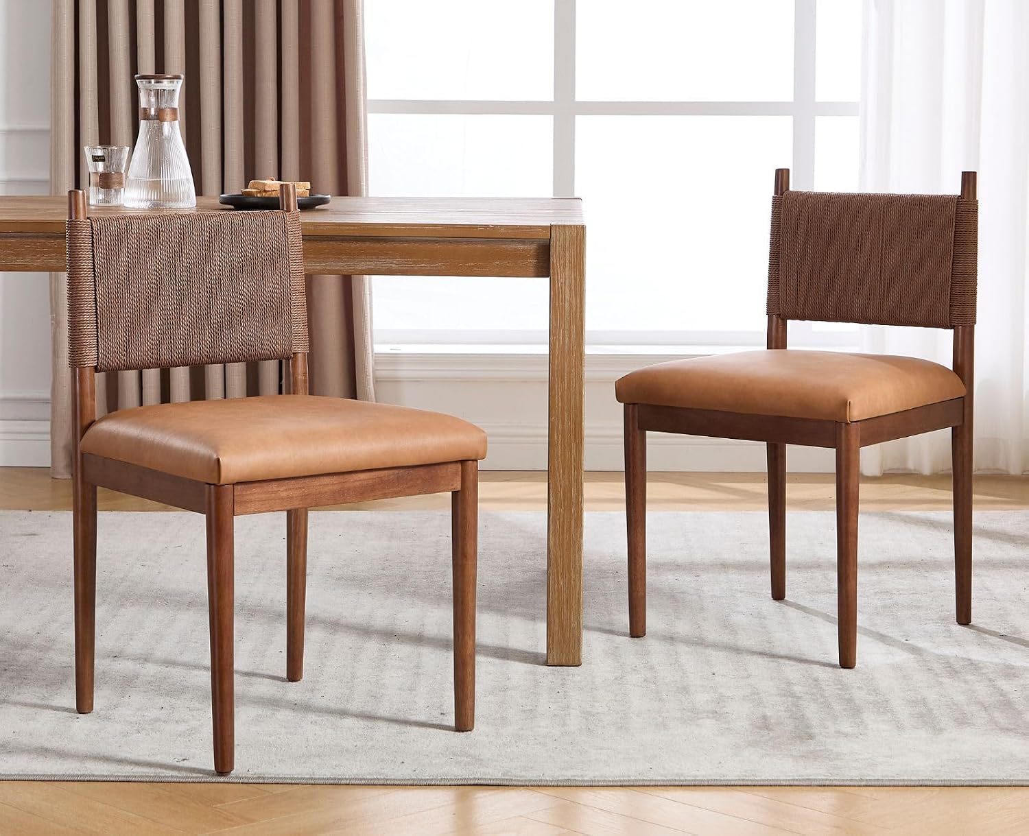 CIMOTA Brown Leather Dining Chairs Set of 2, Mid Century Modern Upholstered Dining Room Chairs with Woven Back, Armless Kitchen Chairs with Walnut Solid Wood Legs, PU