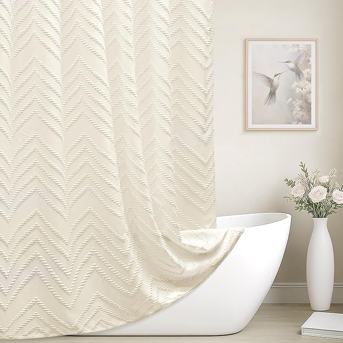 Extra Long Cream Shower Curtain Boho Farmhouse Shower Curtain 72 x 78 Tufted Chevron Textured Striped Minimalist Shower Curtains
