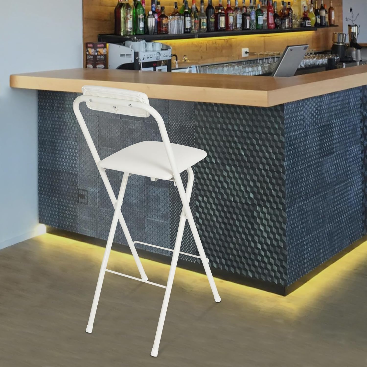 27.5'' Tall Folding Bar Stool, Cushioned Padded Folding Stool with Back, Portable Adult Folding Chair, 275 lbs Load Capacity, Counter Height Seat for Kitchen, Living Room, Garden, Camping, White