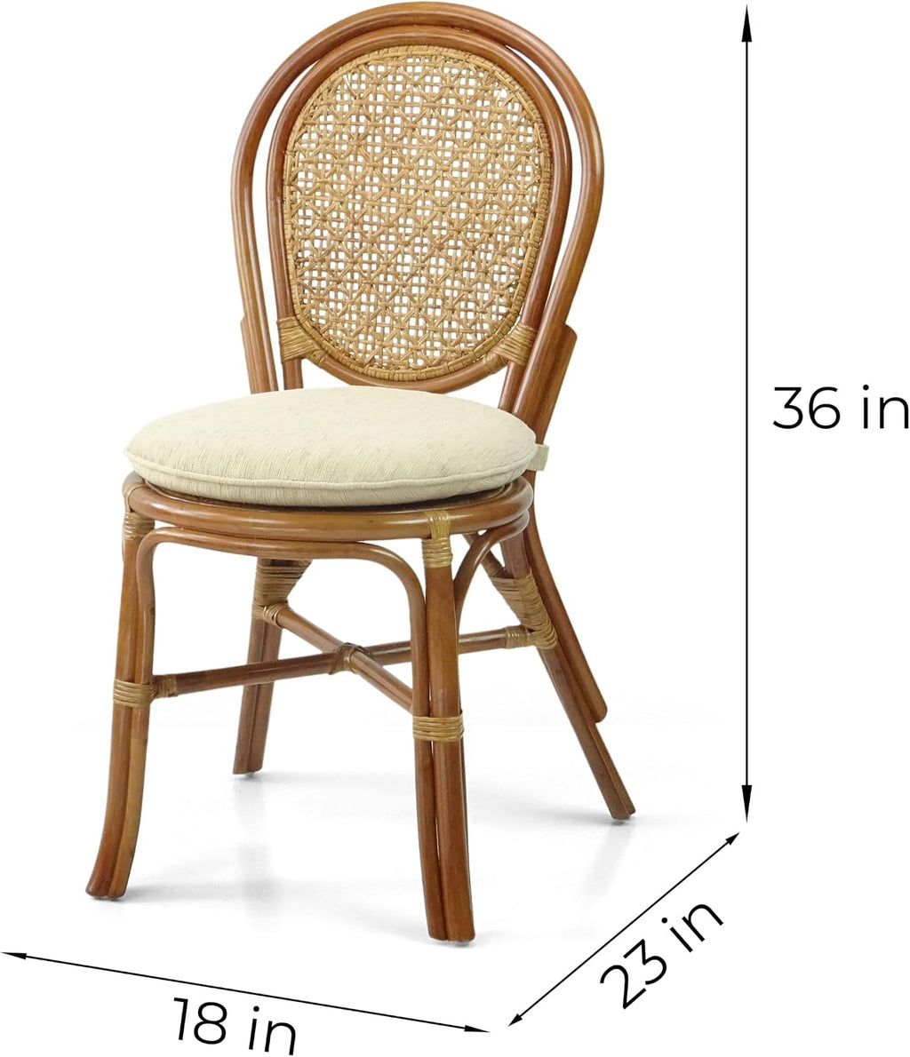 Rattan Wicker Dining Round Table Glass Top and 4 Denver Side Chairs with Cream Cushions, Dining Table Set for 4, Tropical Style Dining Table Set for Four, Colonial Color
