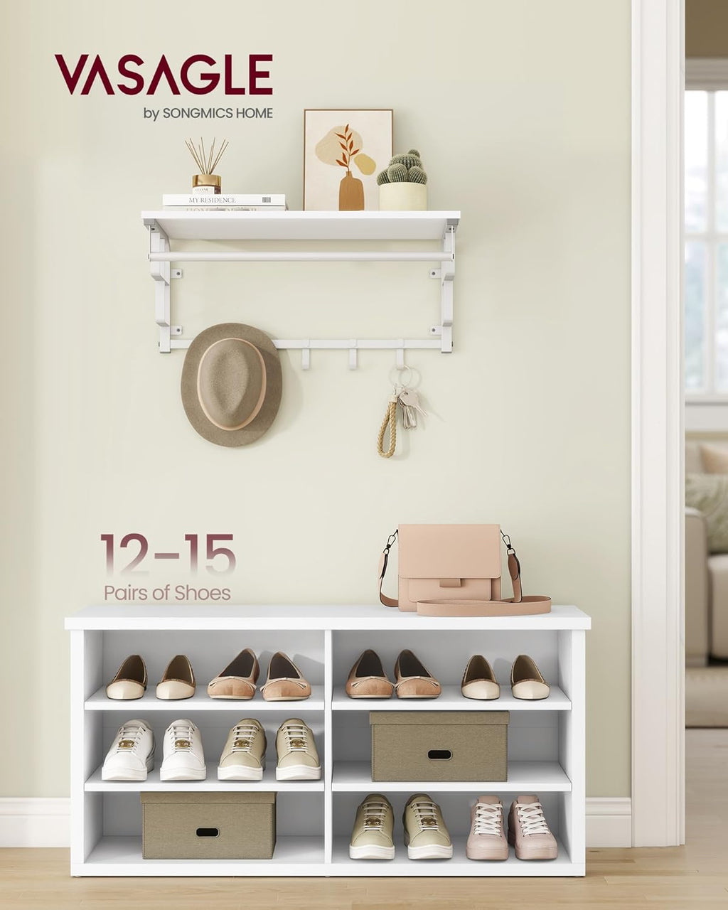VASAGLE Shoe Bench, Storage Bench, 6 Compartments, Adjustable Shelves, for Living Room, Entryway, Dorm, 11.6 x 39.4 x 19.7 Inches, Cloud White ULSB036W01